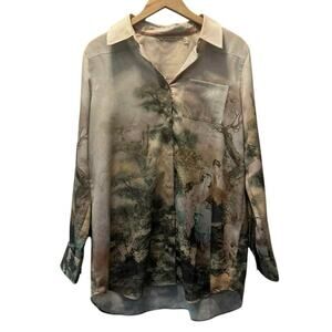 Soft Surroundings Women's Multi Graphic Long Sleeve Button Down Shirts Large L